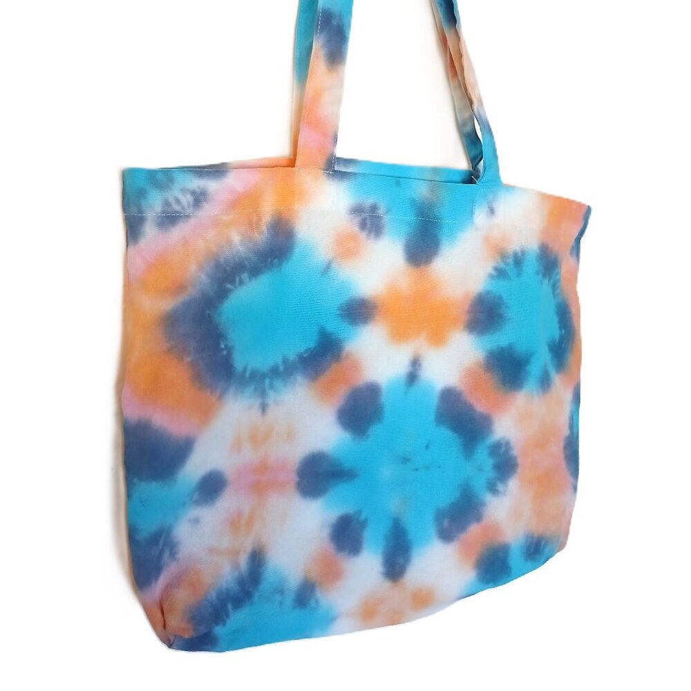 Tie Dye Cotton Reusable Grocery Tote Bag With Colorbursts in Orange Blue & Pink - Picture 11 of 16